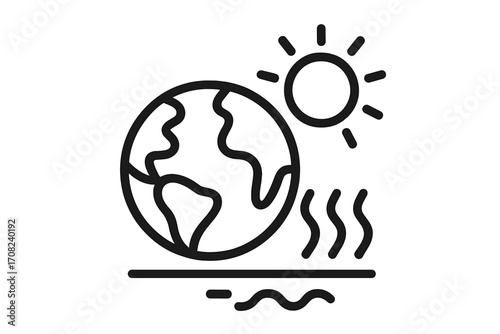Global warming outline icon. Climate change concept with planet Earth and sun. Symbol of temperature rise, greenhouse effect, environmental disaster. Ecology vector pictogram.