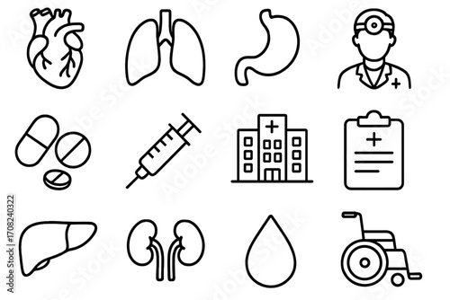 Medical and hospital outline icon set. Simple line art bundle with doctor, organs, pills, syringe, clinic, wheelchair for web, app design. Vector health care symbols.