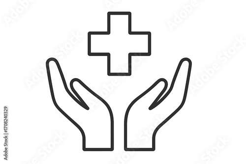 Medical cross with open hands icon, simple thin line design for healthcare and aid concepts, perfect for websites, books, cards, and apps, vector cartoon illustration transparent background