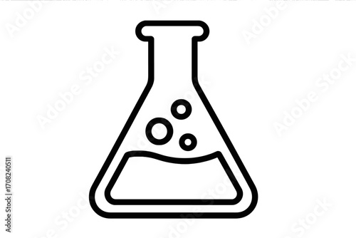 Laboratory flask with liquid and bubbles vector line icon. Science, chemistry, experiment, and research concept. Erlenmeyer flask symbol for scientific tests. Lab equipment.