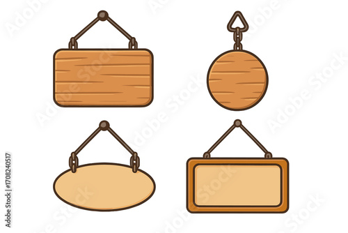 Wooden hanging sign set. Blank signboard collection. Empty wood texture banners and frames for text. Cartoon vector illustration isolated for design. Rustic plaque elements.