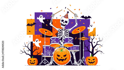 Halloween Drummer: A whimsical Halloween illustration features a lively skeleton drummer enthusiastically playing a drum set, surrounded by jack-o'-lanterns and friendly ghosts.
