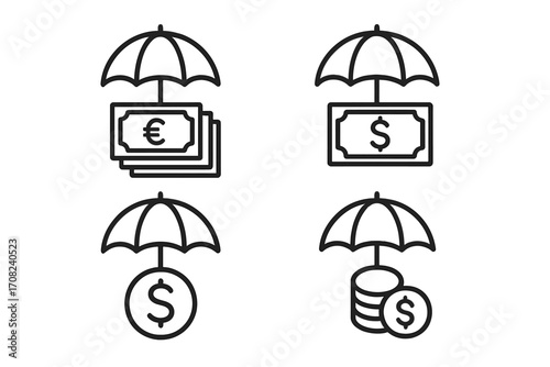 Money insurance line icon collection, money under umbrella, financial protection symbols, euro and dollar banknotes and coins, finance safety, graphic and web design, app, advert, vector illustration