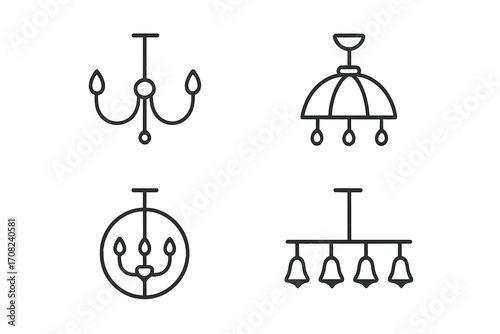 Chandelier and ceiling lamp linear icons set. Home interior decoration elements. Modern and classic light fixtures. Editable stroke pictogram for web design and apps. Vector.