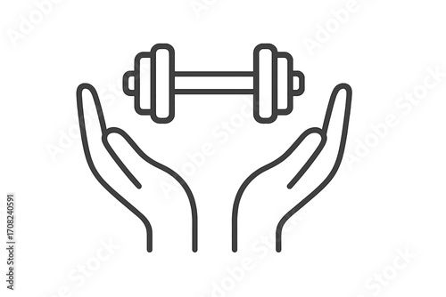 Hands holding dumbbell line icon. Fitness and gym concept. Symbol of strength, workout, and healthy lifestyle. Health care and support. Vector logo for training app.