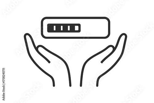 Minimalistic outline icon of a private house over open hands, symbol of protection and care, ideal for web design, apps, banners, social media, and cards, vector cartoon illustration with four bars