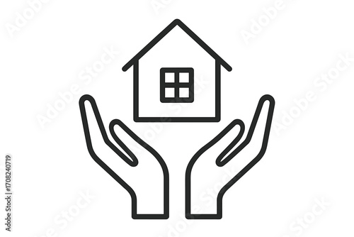 Minimalistic Private House over Open Hands Symbol, Protection and Care Concept, Real Estate and Home Security Icon, Simple Line Art for Web, Apps, Banners, and Social Media Design