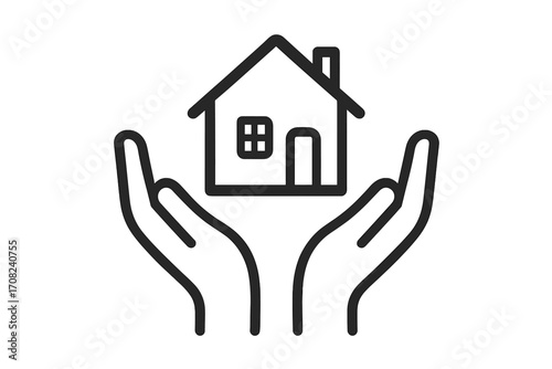Minimalistic Private House Over Open Hands Icon, Home Protection Symbol, Real Estate Safety Concept, Care and Security Vector Illustration for Web, Apps, Banners, Social Media