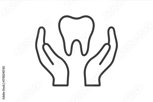 Tooth in hands vector line icon. Dental care and protection concept. Oral hygiene and health symbol. Dentistry, stomatology, and treatment illustration for clinic or insurance.