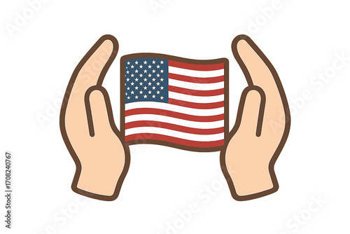 Hands holding the American flag. USA patriotism concept vector illustration. National pride and support for America. Symbol of freedom, democracy, 4th of July, Memorial Day.