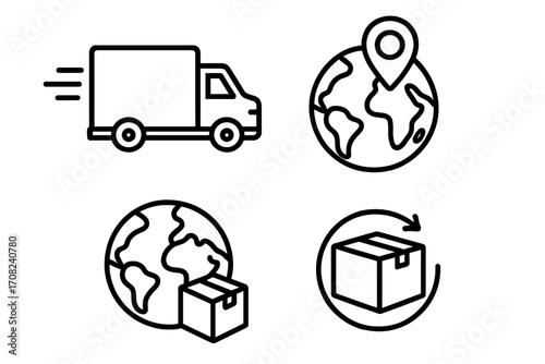 Delivery truck and global shipping icons set, worldwide logistics and parcel tracking vector line art, fast transport, location pin on earth, international package delivery symbol