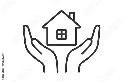 Minimalistic Private House Symbol Over Open Hands, Real Estate Protection Concept, Home Security, Safe Living, Care and Support Graphic for Web, Apps, Banners, Social Media, Cards