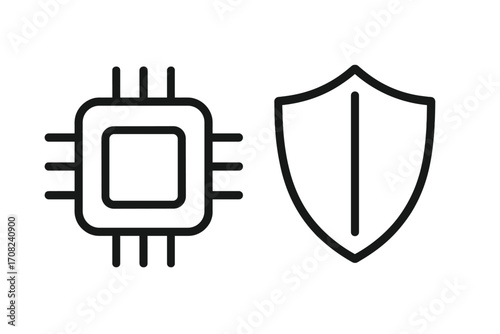 Cybersecurity concept with CPU and shield icon. Computer processor protection, hardware security, and data defense metaphor. Vector line art for antivirus software and firewall technology.