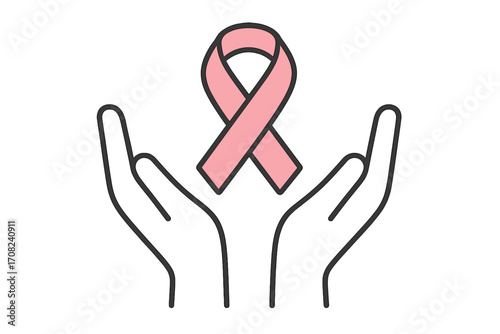 Pink ribbon cancer awareness symbol in open hands. Concept of health care, charity, support, and hope. Medical solidarity campaign for women's health and breast cancer.