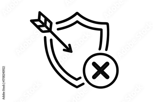 No protection outline icon. Vulnerability concept. Weak defense. Failed security. Arrow hitting shield with a decline or error cross mark. Metaphor for risk, danger, data breach.