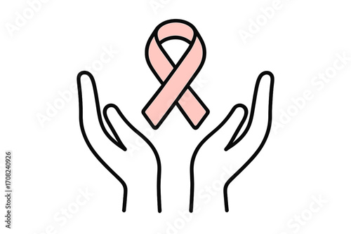 Breast cancer awareness month concept with hands holding a pink ribbon. Symbol of hope, charity, and support for women's health. Medical healthcare campaign vector icon.