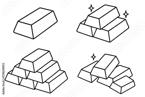 Gold bar icon collection. Bullion and ingot outline set for finance and banking concepts. Vector illustration of stacked precious metal, a symbol of wealth, investment, and treasure.