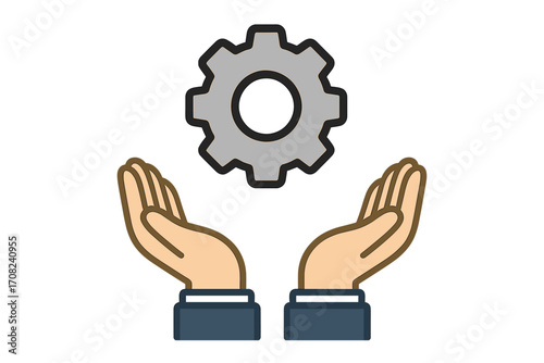 Hands with gear icon. Metaphor for business solution, technical support, and managed services. Symbol for technology, industry, engineering, innovation, development, and progress.