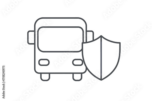 Bus insurance and travel safety concept. Public transport protection and security symbol. Vector line icon of a bus with a shield. Vehicle guarantee and passenger safety.