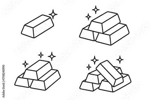 Gold bar outline icon set for finance and banking. Bullion and ingot stack illustrations. Shiny treasure graphic for wealth, investment, and success concepts. Simple line art vector.