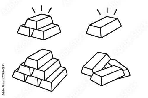 Gold bar line icon set vector. Bullion ingot collection. Finance, banking, wealth, investment, savings concept. Stacked precious metal treasure graphic. Editable stroke outline.
