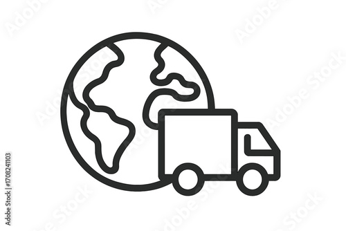 Worldwide shipping. Global delivery service. International logistics. Planet earth and truck outline icon. Freight transport concept. Cargo distribution symbol. Vector for web.