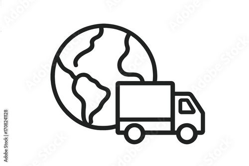 Worldwide shipping and global logistics concept. Delivery truck with planet earth icon. International freight and cargo transportation vector symbol for business and e-commerce.