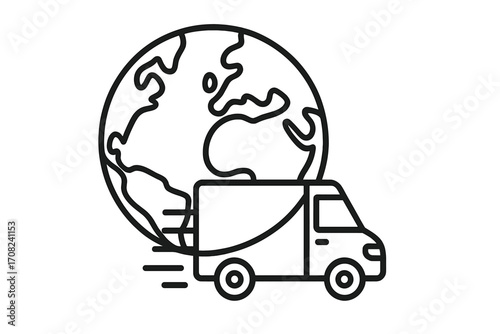 Global delivery service and worldwide shipping concept. Fast delivery truck and planet earth line icon. International logistics, distribution, and freight transportation vector.