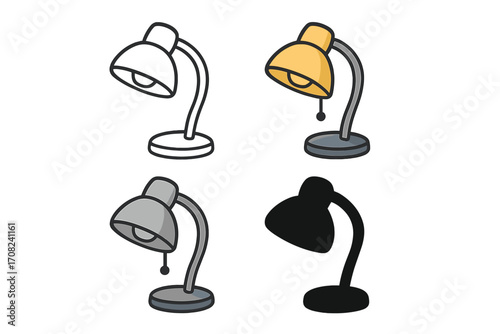 Desk lamp vector illustration set with various styles and colors, modern and classic table light icons for graphic design, home and office lighting concepts, isolated on transparent background