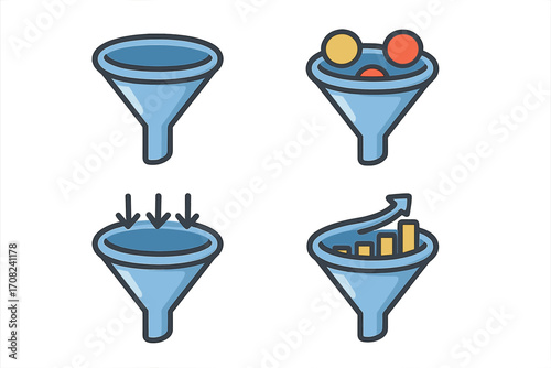 Blue funnel icons set for marketing, sales, and data analysis concepts, including empty funnel, input balls, arrows indicating filtering, and growth chart, vector cartoon illustration