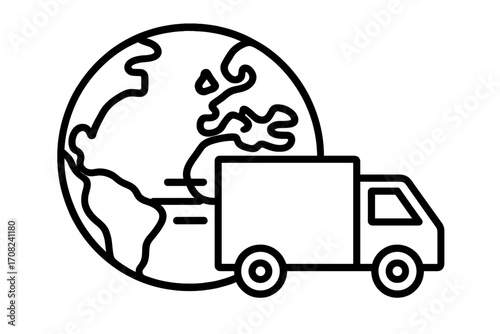 Global delivery service and international shipping concept. Worldwide logistics and transportation icon. Fast freight truck with planet earth. E-commerce distribution.