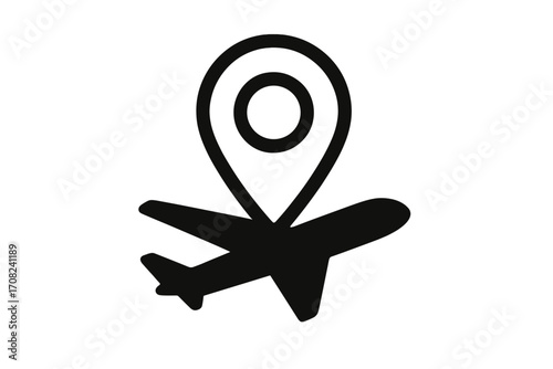 Travel location icon with airplane silhouette. Simple map pin marker symbol for navigation, flight destination, airport, travel apps concept. Vector flat design with transparent background.