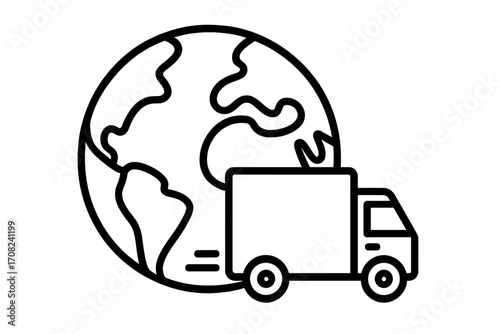Worldwide shipping and global delivery service concept. International logistics and cargo transport icon. Fast delivery truck in front of planet earth. E-commerce freight.