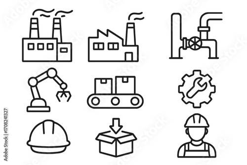 Manufacturing and industry vector line icon collection. Production factory, automation with robot arm, conveyor belt logistics. Engineer worker, power plant, assembly line icon.
