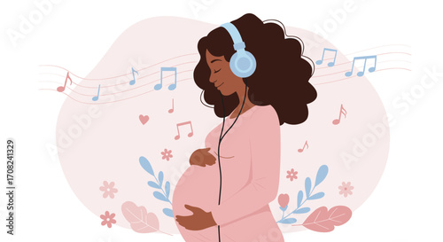 Pregnant  woman listening to music with headphones in pastel background  