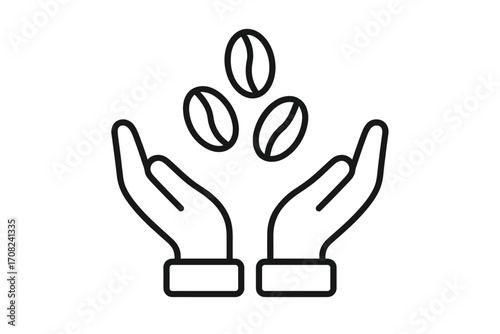 Hands holding roasted coffee beans. Minimalistic thin outline icon for logo, web design, apps. Vector illustration symbol of quality, care, agriculture and fair trade coffee.