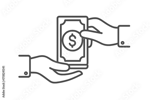 Hand giving money cash to other hand. Payment icon. Financial transaction, sale, purchase concept. Bribery, corruption, salary, and wage theme. Thin line vector illustration.