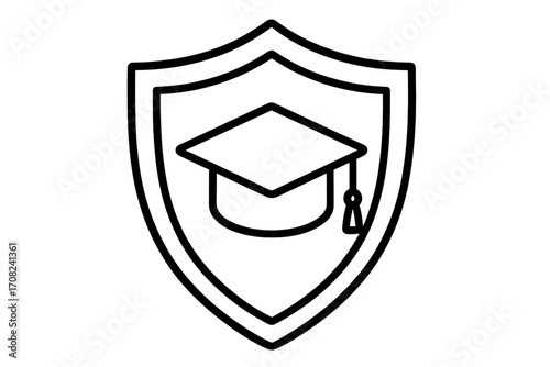 Education protection shield with graduation cap icon. Student insurance and safety symbol. University, college, or school learning security logo. Academic achievement vector.