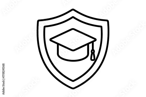Education protection shield icon. Graduation cap on a crest. Symbol of university, college, or academy. Knowledge security and academic safety. Vector logo for learning.