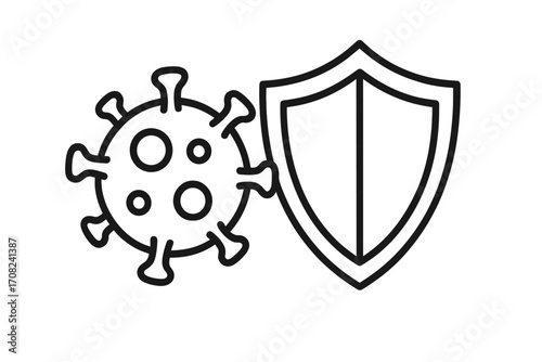 Virus protection icon with shield. Immune system defense against coronavirus bacteria. Health safety symbol for medical infographic. Germ prevention and security concept.
