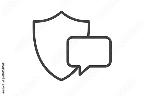 Secure communication icon. Shield with speech bubble for privacy protection. Concept for safety chat, confidential message, and customer support. Minimalist thin line vector for web.