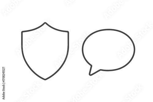 Shield and speech bubble icon for secure communication. Data privacy, online safety, and protection concept. Metaphor for safe chat, customer support, feedback, and review.