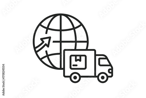 Global delivery icon with truck and package, international shipping symbol, minimalistic vector illustration for web, apps, banners, social media, and business design