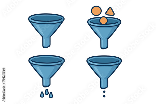 Sales funnel marketing vector icon set. Lead generation, data filtering, and conversion process concept. Business pipeline analysis cartoon illustration for apps and graphics.
