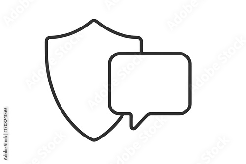 Shield and speech bubble thin line icon. Concept for secure communication, data protection, online privacy, and safety. Metaphor for protected chat and message encryption. Vector.