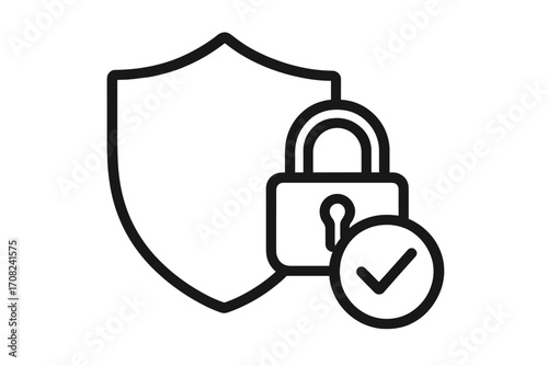 Security and protection icon with shield, padlock and check mark. Concept of data privacy, cybersecurity, and safety. Vector outline symbol for web, apps, and graphic design.