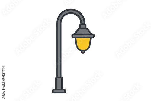 Street lamp icon. Lamppost with yellow light. Classic outdoor lighting symbol for park or city street. Vintage lantern sign. Urban element. Vector cartoon illustration.