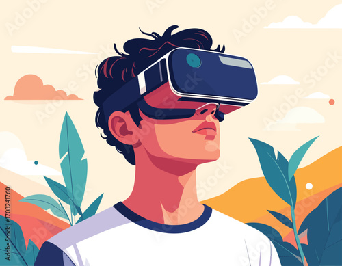 Man Immersed in Virtual Reality Experience with VR Headset.