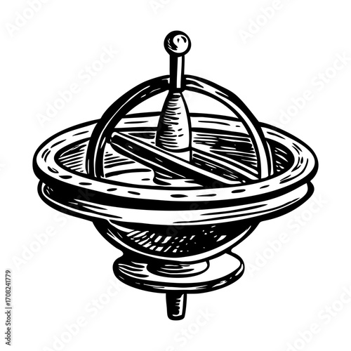 A vintage style illustration showing wooden gyroscope