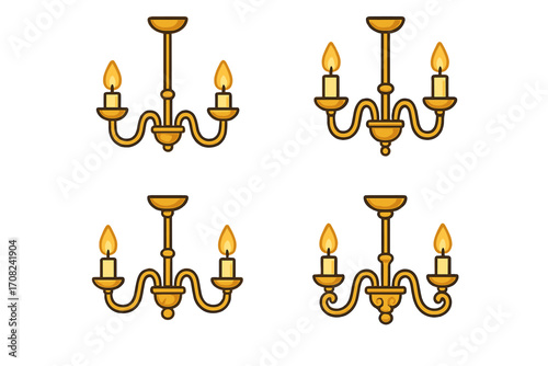 Classic gold chandelier vector icon set. Vintage two-arm candelabrum with burning candles. Retro ceiling light fixture for home interior decoration. Cartoon lamp symbol.